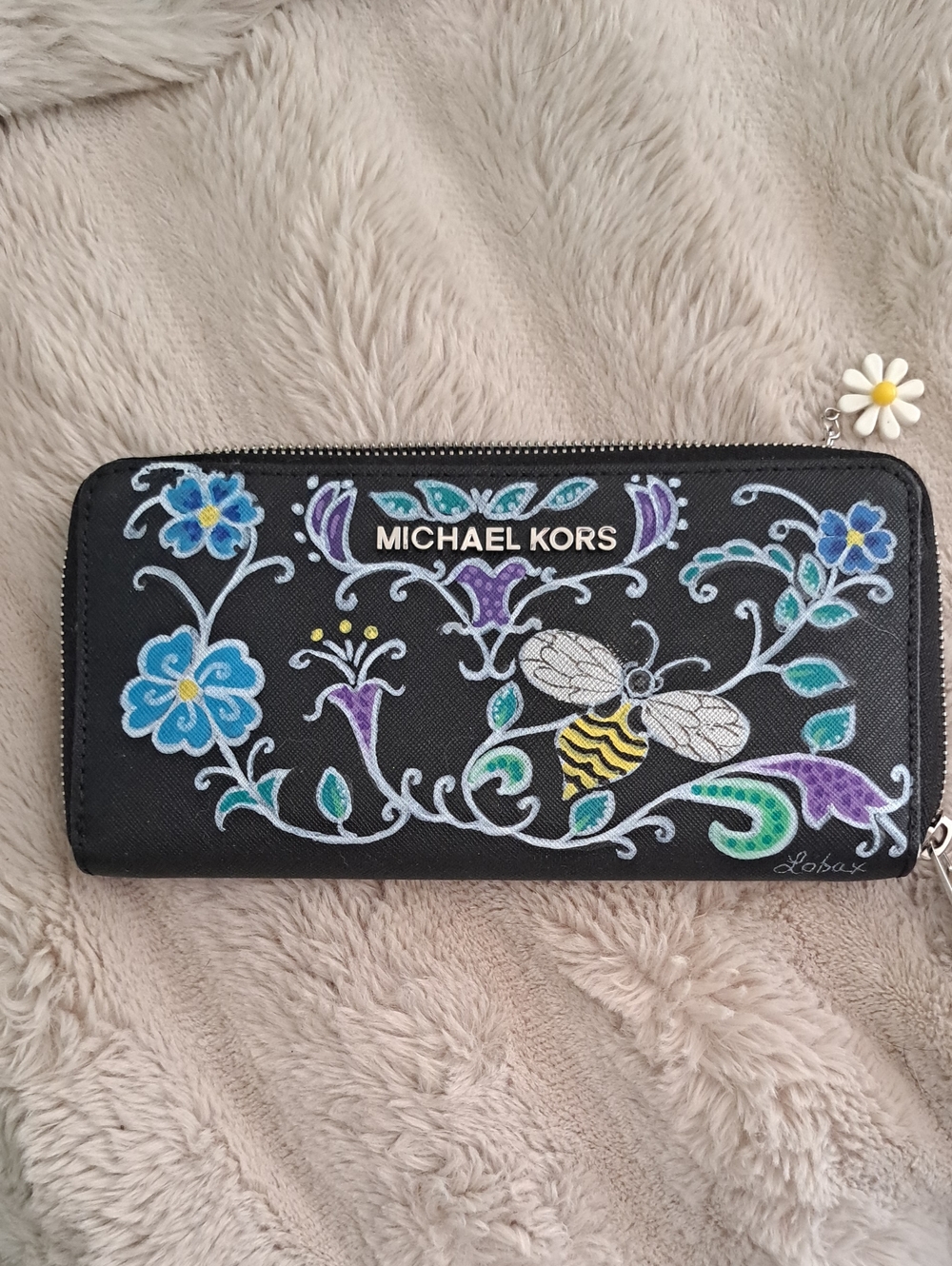 Hand Painted Leather Black Floral & Bee Zip Wallet with Blue and Purple Accents - Picture 3 of 9